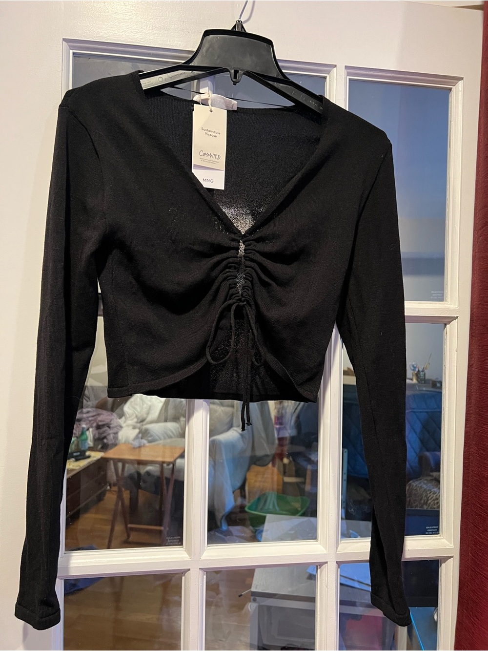 Mango Black Ruched Drawstring V-Neck Cropped Long Sleeve Top